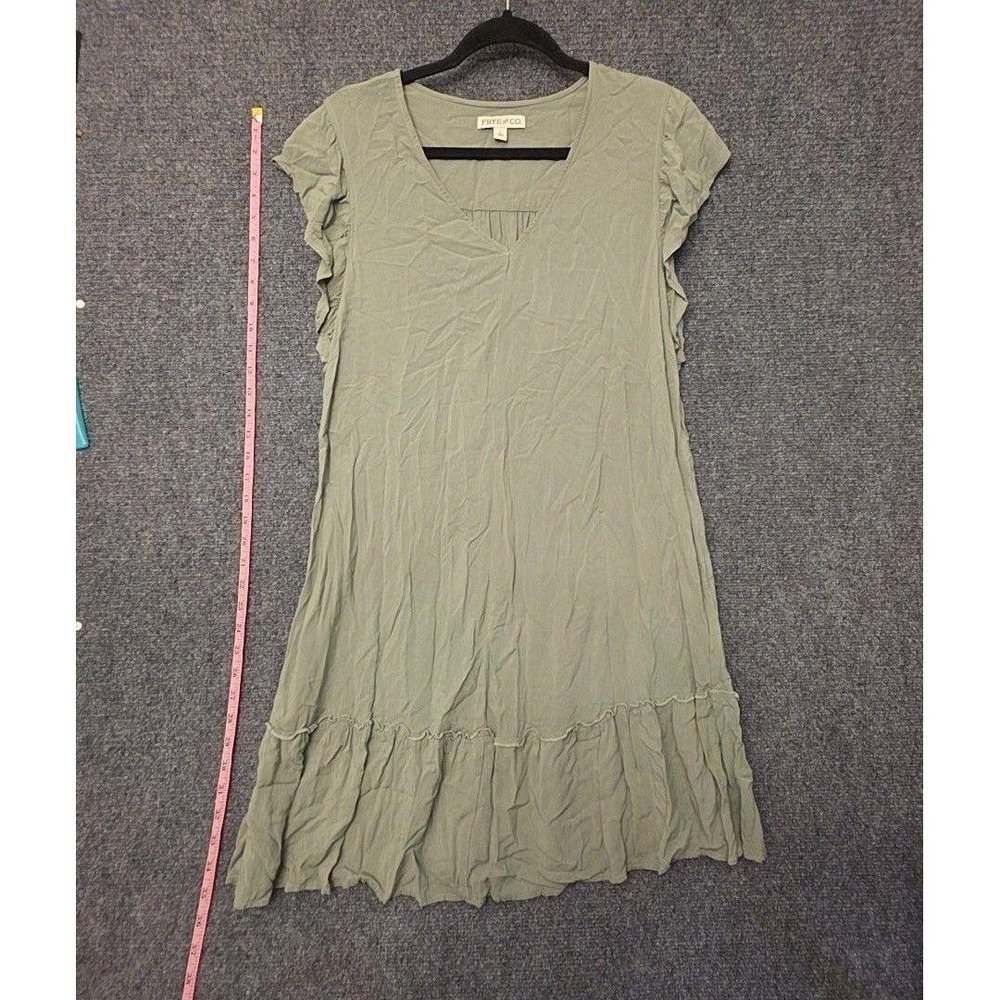 Frye & Co Dress Womens L Green V Neck Flutter Sleeve Ruffle Hem Rayon Shift